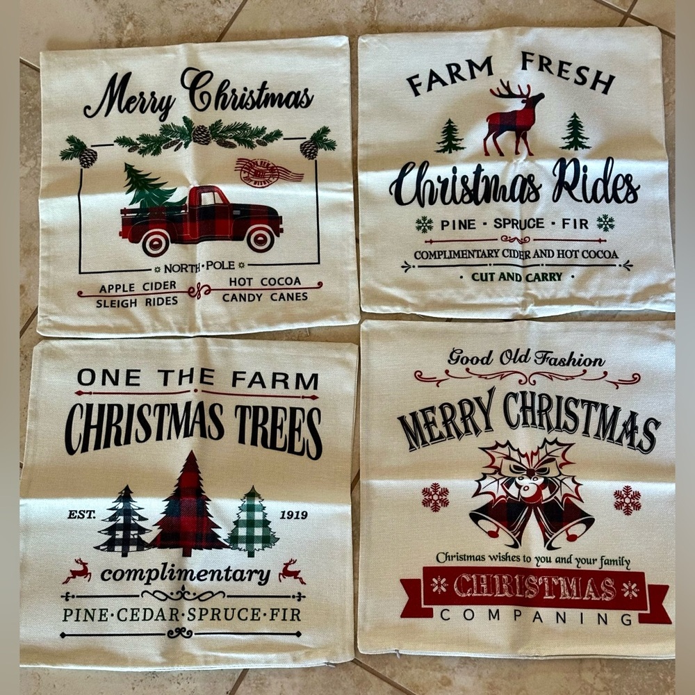 Country Christmas Pillow Covers. NEW Never Used. Set of 4. Approx. 17.5” square